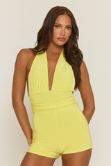 Yellow Halter Neck Plunge Tie Back Playsuit - Florine