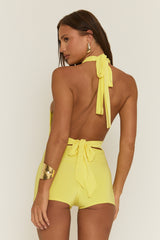 Yellow Halter Neck Plunge Tie Back Playsuit - Florine