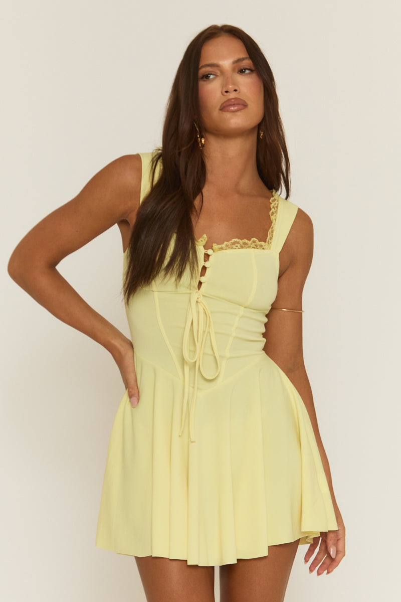Butter Yellow Lace Trim Corseted Mini Skater Dress I Dresses | Rebellious Fashion Butter Yellow Lace Trim Corseted Mini Skater Dress I Dresses | Rebellious Fashion