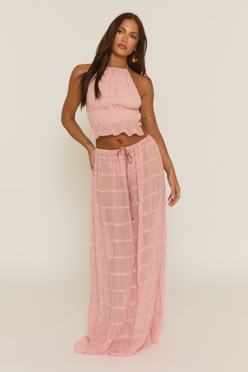 Pink Shirred Halter Top and Maxi Skirt Co-ord Set - Mystery