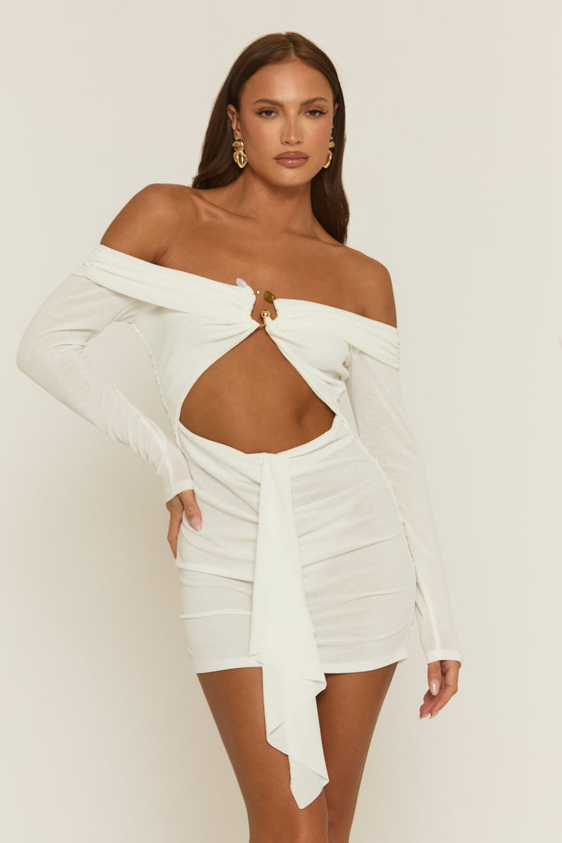 White Cut Out Bead Trim Mini Dress - Reneta