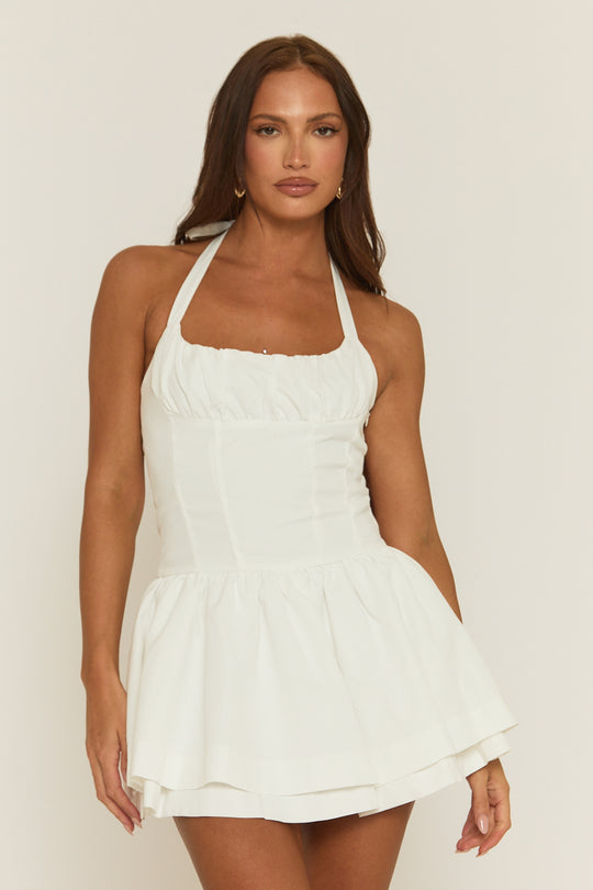 White Gathered Bust Halterneck Skater Dress - Columbia