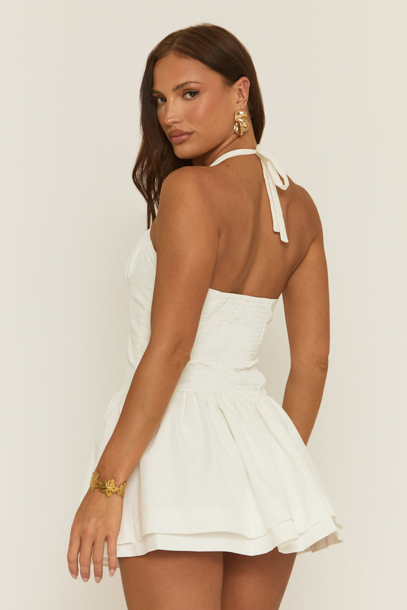 White Gathered Bust Halterneck Skater Dress - Columbia
