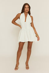 White Button Front Corseted Halterneck Skater Dress - Lucie