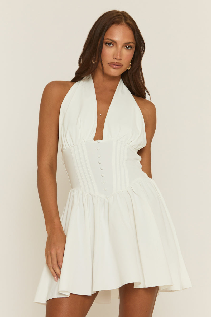 White Button Front Corseted Halterneck Skater Dress - Lucie