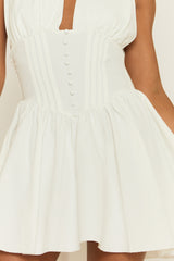 White Button Front Corseted Halterneck Skater Dress - Lucie