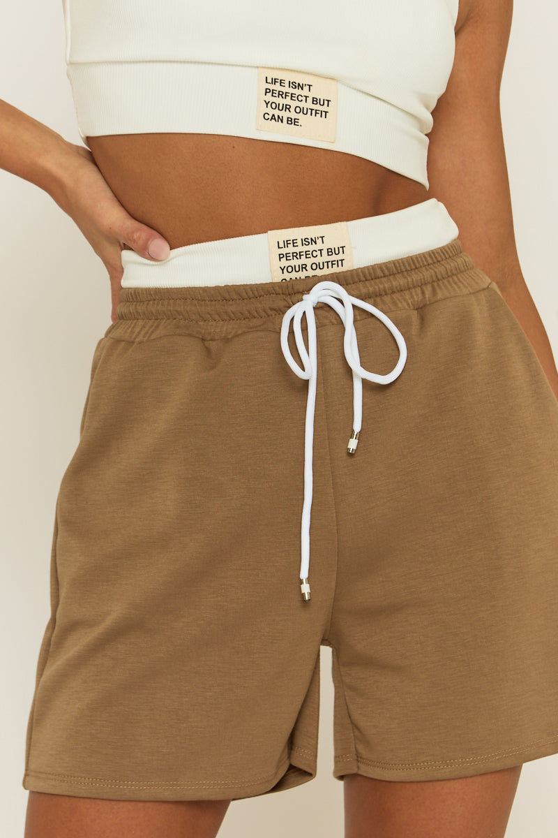 Brown Rib Crop Top and Short Lounge Set - Aliya