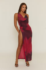 Red Printed Mesh Front Split Maxi Dress - Luna