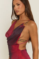 Red Printed Mesh Front Split Maxi Dress - Luna