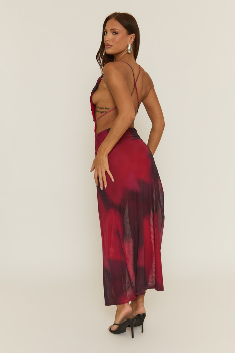 Red Printed Mesh Front Split Maxi Dress - Luna