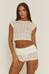 Cream Floral Crochet Top and Micro Short Co-ord Set - Sarah