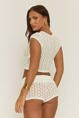 Cream Floral Crochet Top and Micro Short Co-ord Set - Sarah