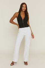 Black Halterneck Lace Detail Plunge Top - Olive