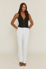 Black Halterneck Lace Detail Plunge Top - Olive