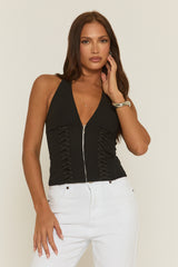 Black Halterneck Lace Detail Plunge Top - Olive