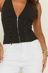 Black Halterneck Lace Detail Plunge Top - Olive