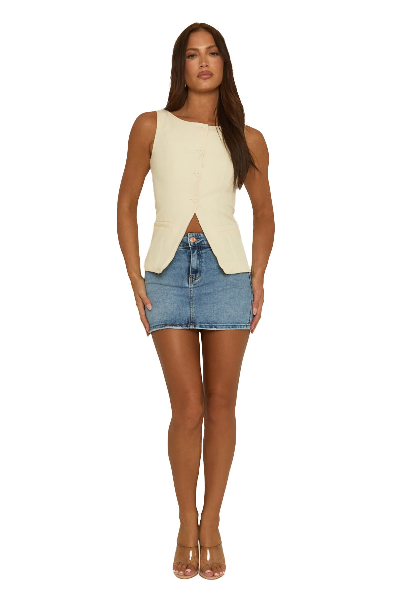 Cream Slash Neck Woven Waistcoat - Maryam