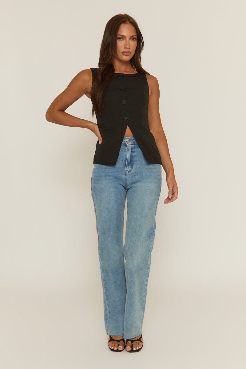Black Slash Neck Woven Waistcoat - Maryam