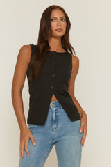 Black Slash Neck Woven Waistcoat - Maryam