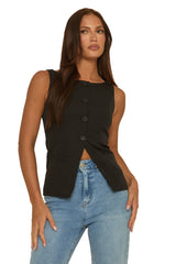 Black Slash Neck Woven Waistcoat - Maryam