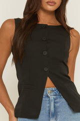 Black Slash Neck Woven Waistcoat - Maryam