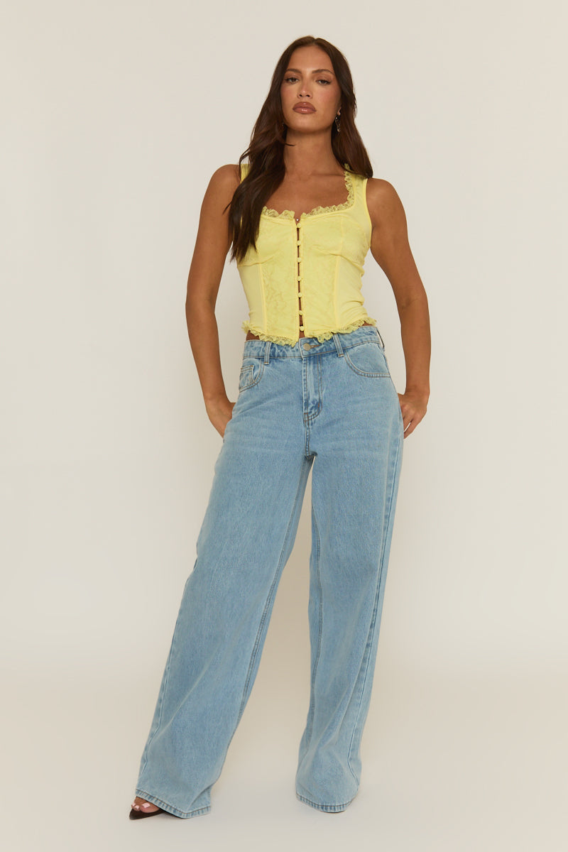 Butter Yellow Lace Button Front Corset Top - Amira