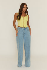 Butter Yellow Lace Button Front Corset Top - Amira