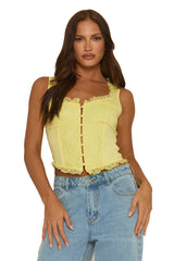 Butter Yellow Lace Button Front Corset Top - Amira