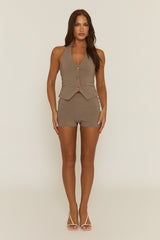 Taupe Bengaline Halterneck Waistcoat And Micro Shorts Co-Ord Set - Demie