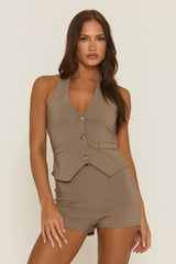 Taupe Bengaline Halterneck Waistcoat And Micro Shorts Co-Ord Set - Demie