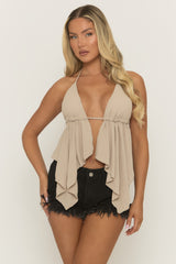 Beige Waterfall Hem Tie Back Top - Elma