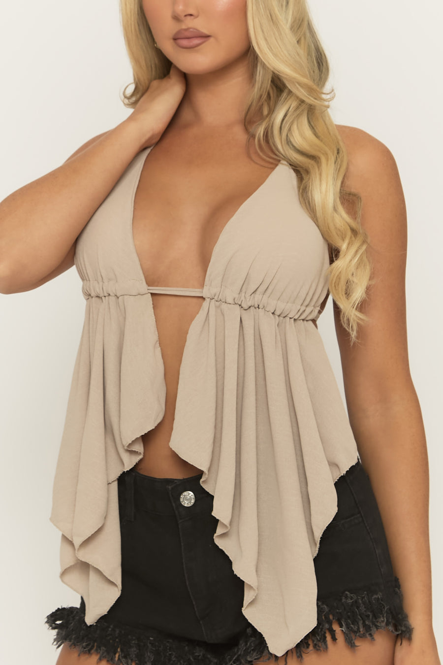 Beige Waterfall Hem Tie Back Top - Elma