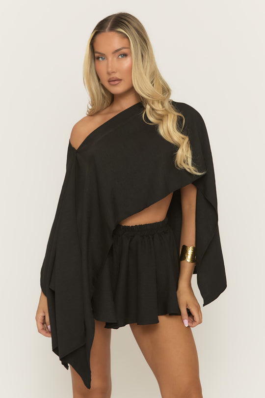 Black Linen Look Asymmetric Top and Skort Co-ord Set - Keona