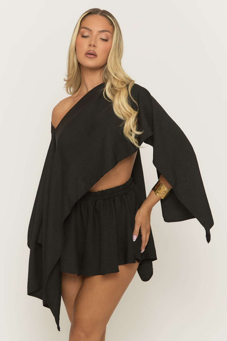 Black Linen Look Asymmetric Top and Skort Co-ord Set - Keona