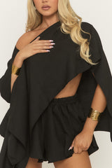 Black Linen Look Asymmetric Top and Skort Co-ord Set - Keona