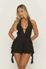 Black Distressed Plunge Mini Dress - Imelda