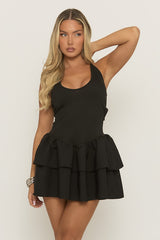 Black Rib Bodice Woven Frill Mini Dress - Jalama
