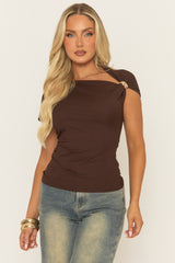 Chocolate Ribbed Asymmetric Gold Trim Top - Malek