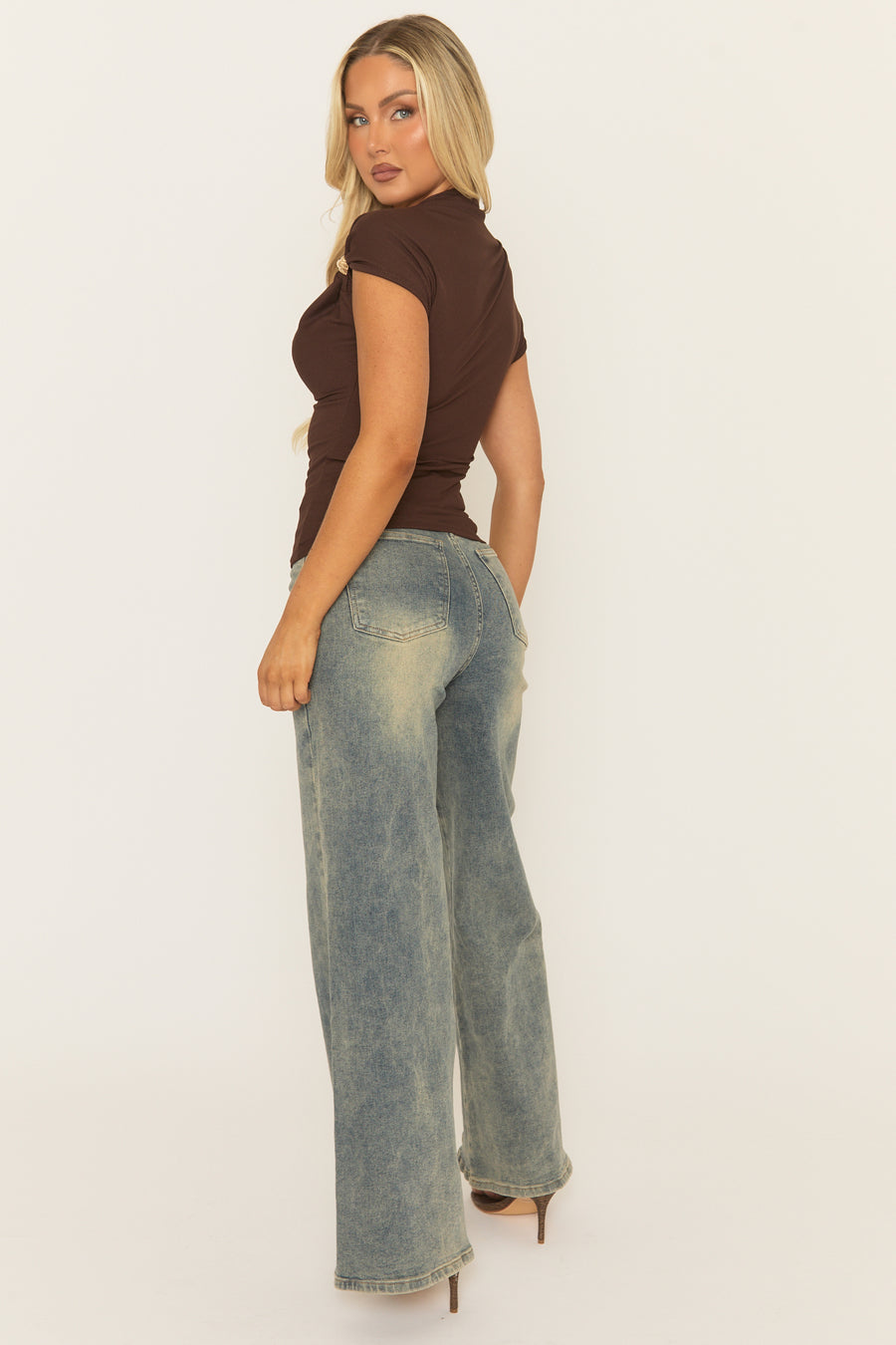 Chocolate Ribbed Asymmetric Gold Trim Top - Malek