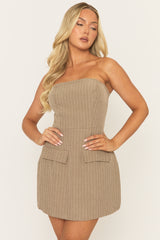 Mocha Pinstripe Tailored Bandeau Mini Dress - Kensa