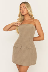 Mocha Pinstripe Tailored Bandeau Mini Dress - Kensa