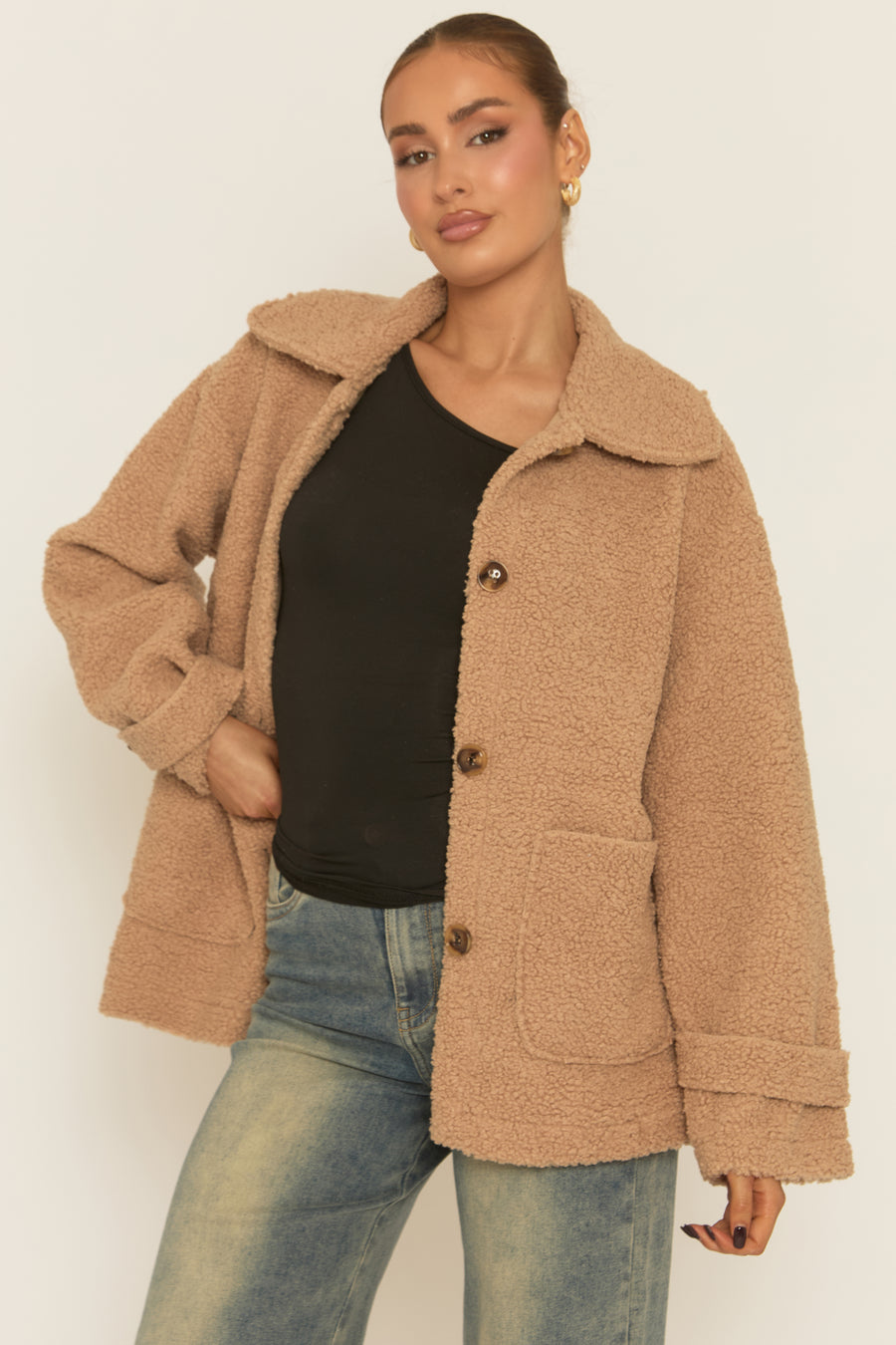Camel Button Front Oversized Borg Jacket - Liena