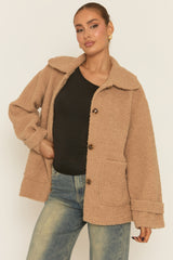 Camel Button Front Oversized Borg Jacket - Liena
