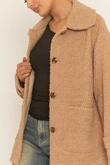 Camel Button Front Oversized Borg Jacket - Liena