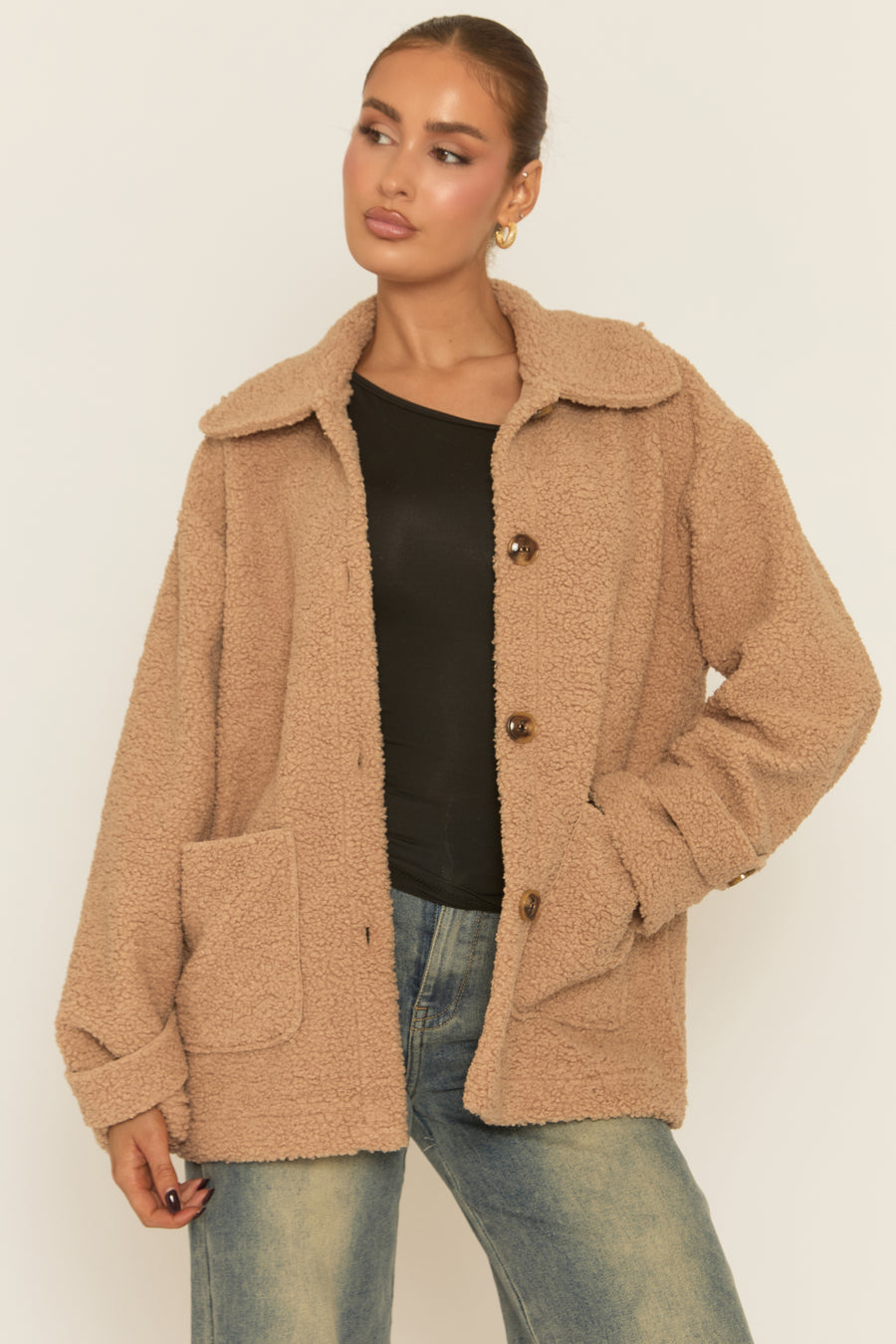 Camel Button Front Oversized Borg Jacket - Liena