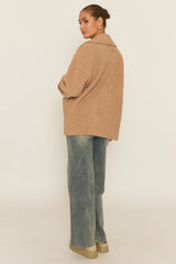Camel Button Front Oversized Borg Jacket - Liena