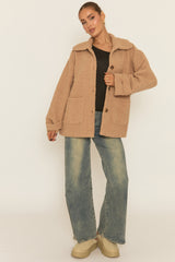 Camel Button Front Oversized Borg Jacket - Liena