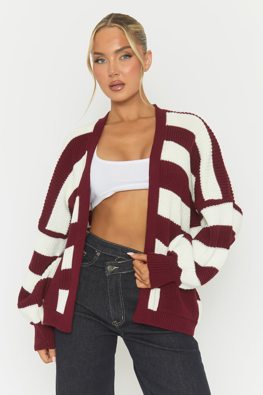 Wine Stripe Balloon Sleeve Knit Cardigan - Elvia