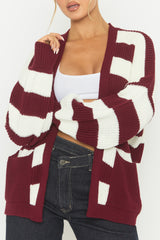 Wine Stripe Balloon Sleeve Knit Cardigan - Elvia