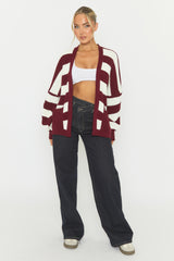 Wine Stripe Balloon Sleeve Knit Cardigan - Elvia